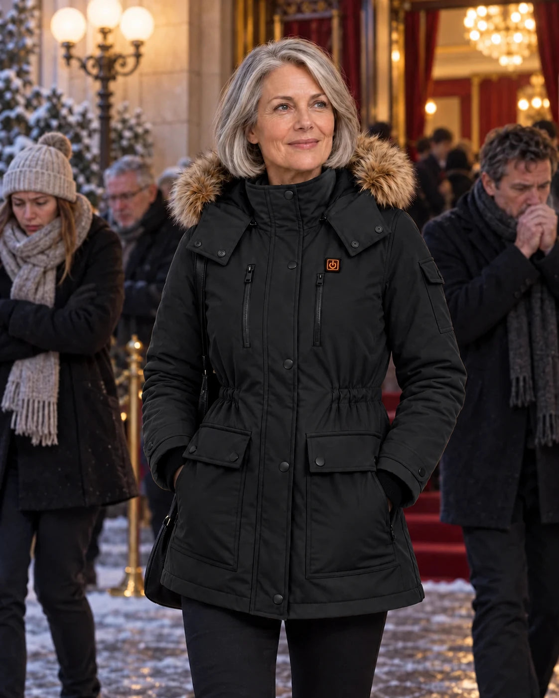 Cappotto invernale riscaldato da donna PyreFit Apexor in nero, inverno in città, serata a teatro