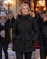 Cappotto invernale riscaldato da donna PyreFit Apexor in nero, inverno in città, serata a teatro