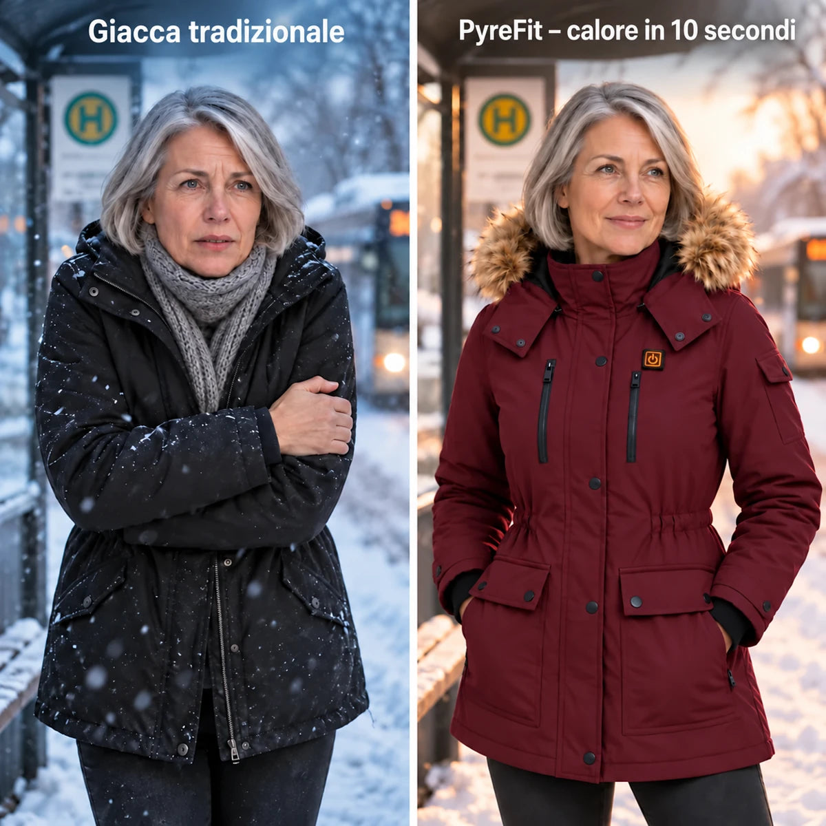 Cappotto invernale riscaldato da donna PyreFit Apexor in bordeaux, confronto con una normale giacca invernale