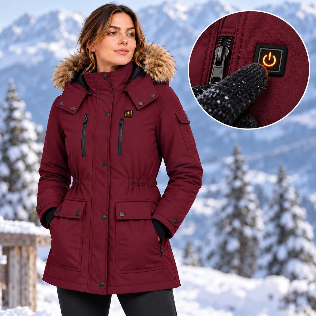 Cappotto invernale riscaldato da donna PyreFit Apexor in bordeaux, dettaglio del pulsante di comando