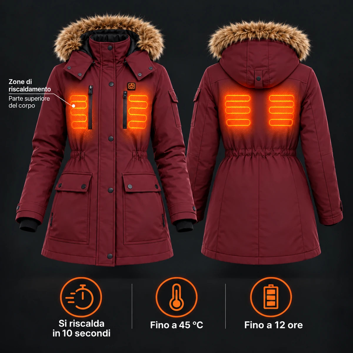 Cappotto invernale riscaldato da donna PyreFit Apexor in bordeaux, panoramica delle zone riscaldanti
