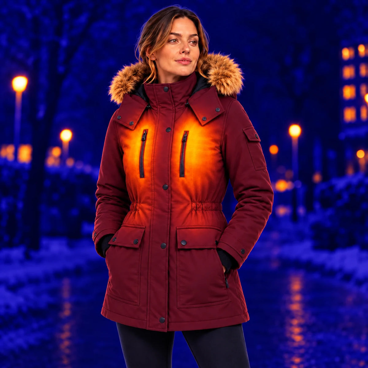 Cappotto invernale riscaldato da donna PyreFit Apexor in bordeaux, calore sul busto in inverno