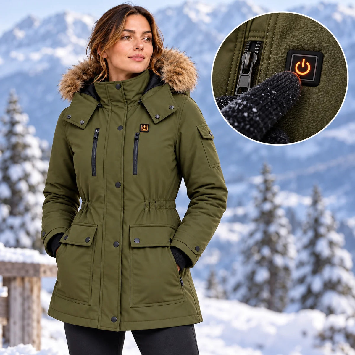 Cappotto invernale riscaldato da donna PyreFit Apexor, dettaglio del pulsante di comando