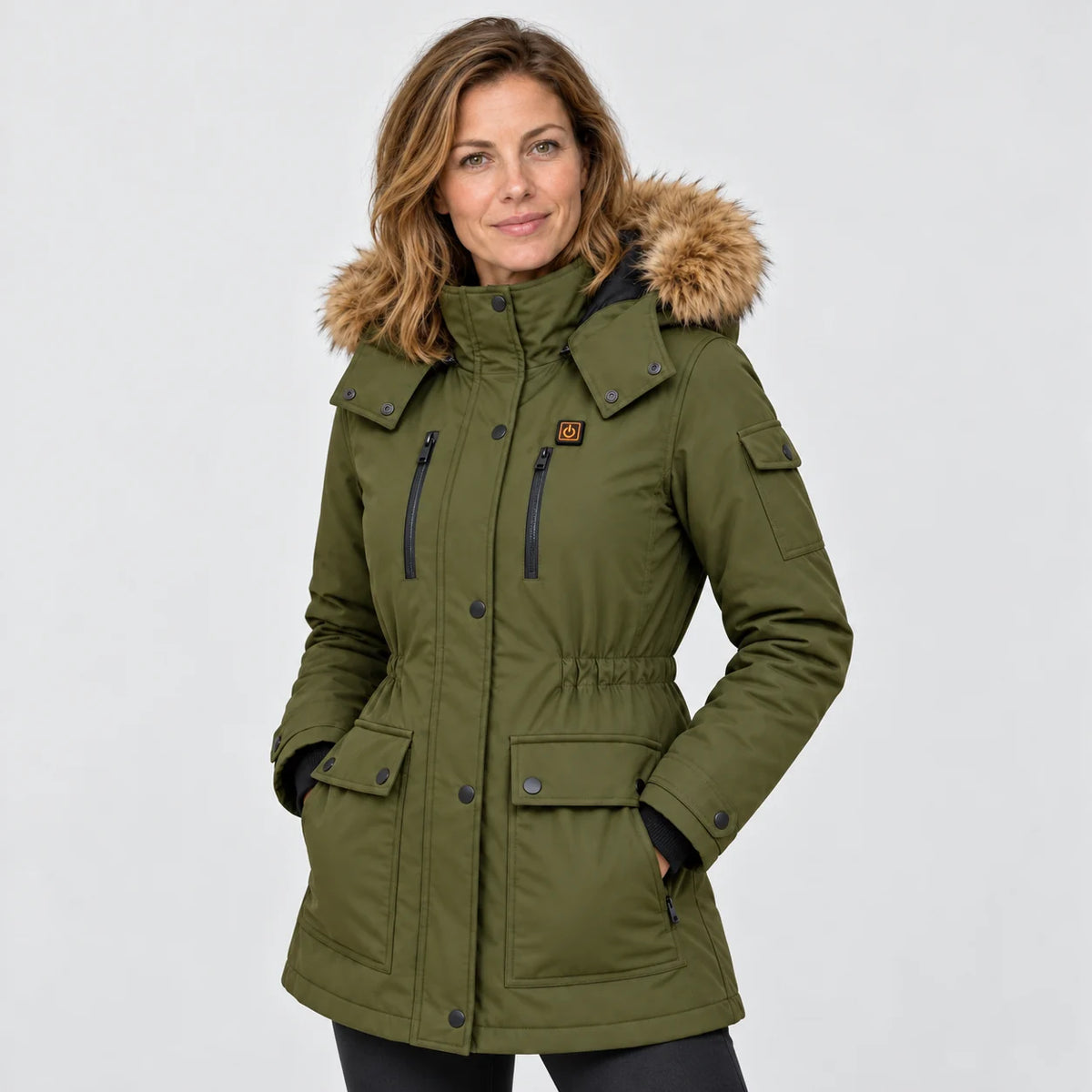 Cappotto invernale riscaldato da donna PyreFit Apexor, vista frontale con modello