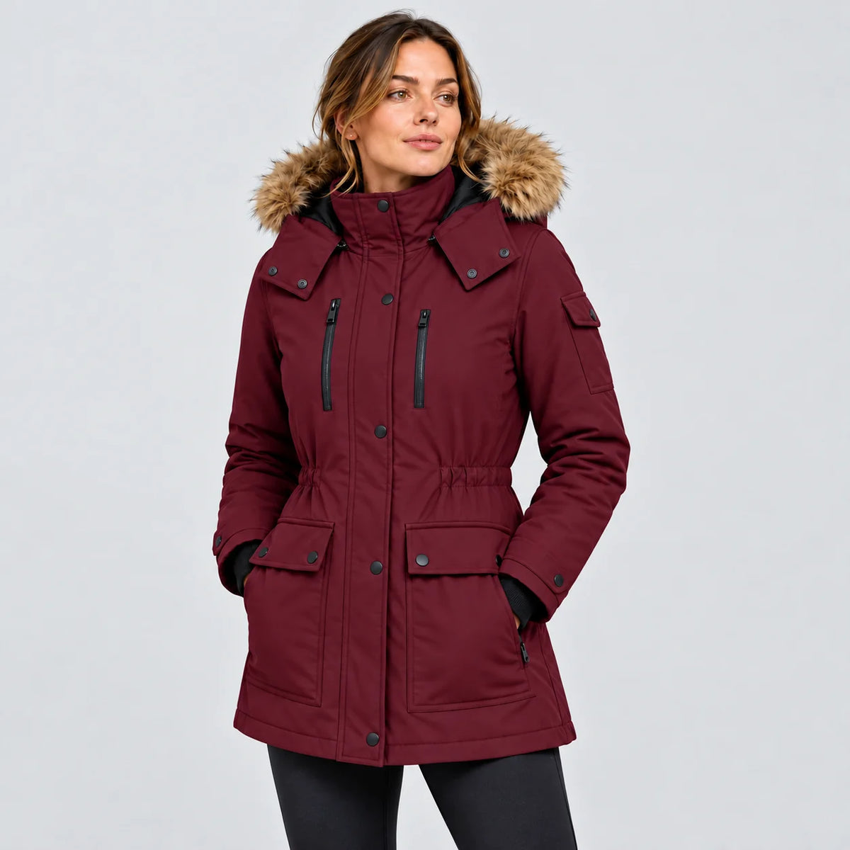 Cappotto invernale riscaldato da donna PyreFit Apexor in bordeaux, vista frontale