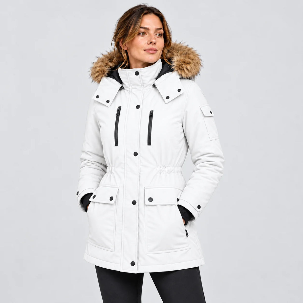 Cappotto invernale riscaldato da donna PyreFit Apexor in bianco, vista frontale