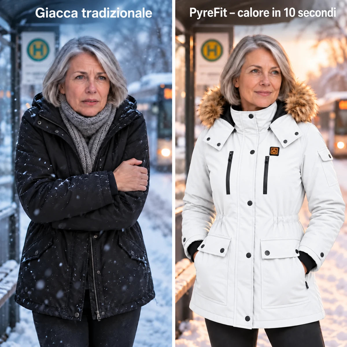 Cappotto invernale riscaldato da donna PyreFit Apexor in bianco, confronto con una normale giacca invernale
