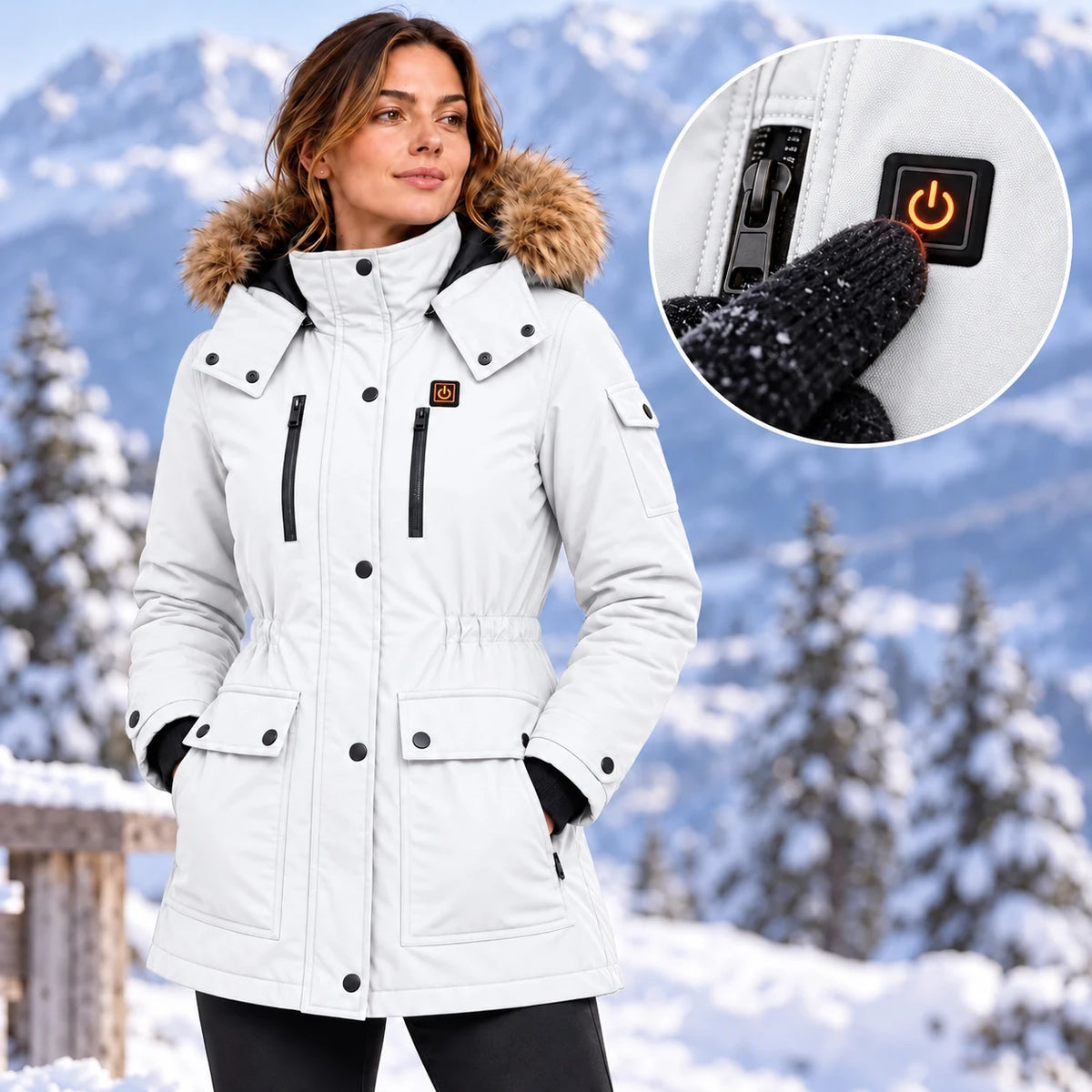 Cappotto invernale riscaldato da donna PyreFit Apexor in bianco, dettaglio del pulsante di comando