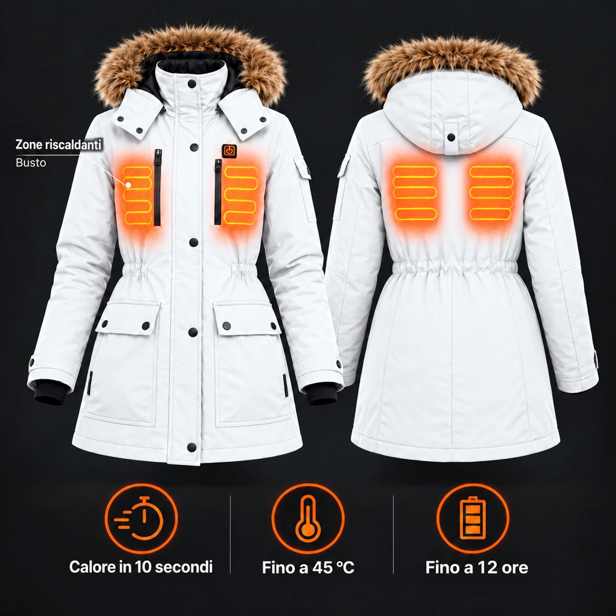 Cappotto invernale riscaldato da donna PyreFit Apexor in bianco, panoramica delle zone riscaldanti