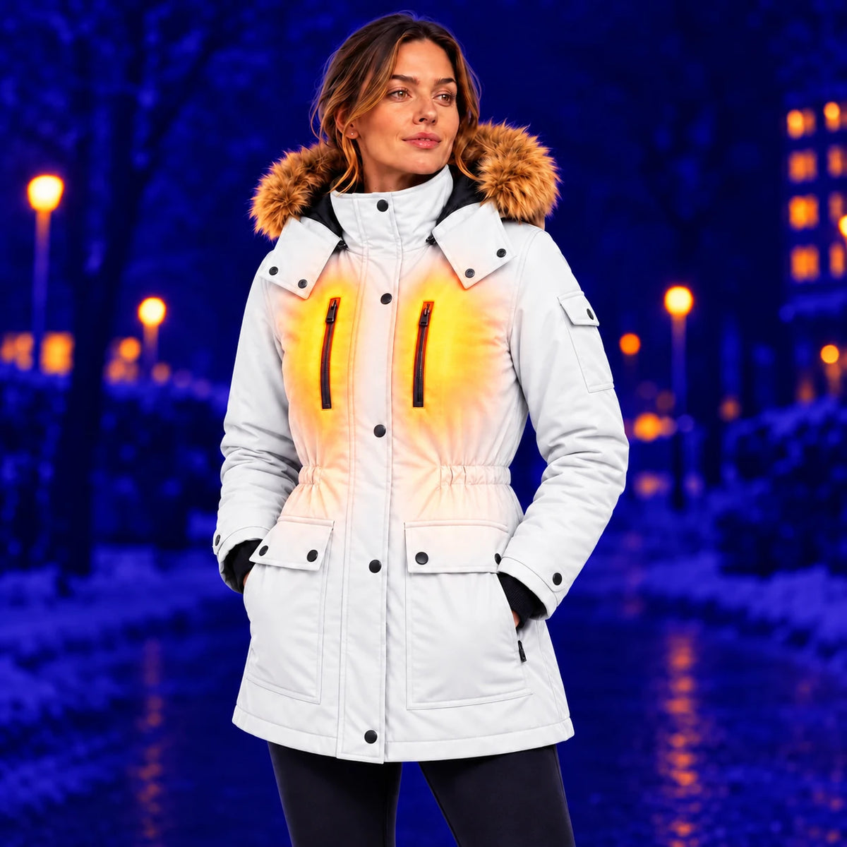 Cappotto invernale riscaldato da donna PyreFit Apexor in bianco, calore sul busto in inverno