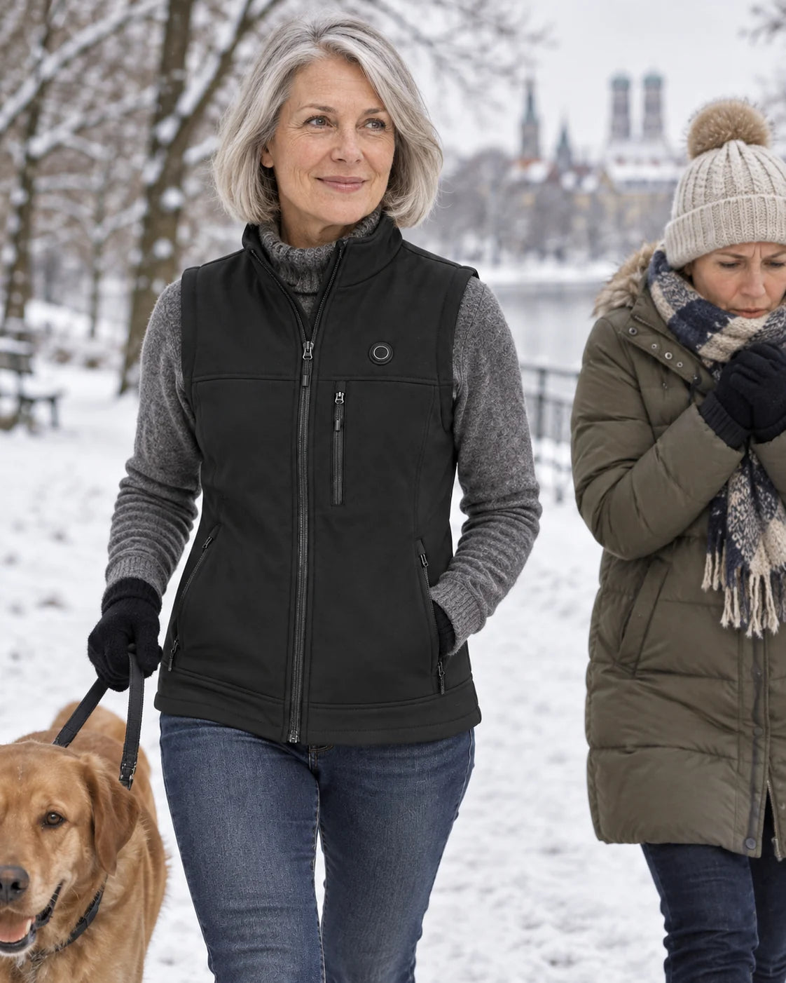 Gilet riscaldato da donna PyreFit Elaressa in inverno: a passeggio con il cane