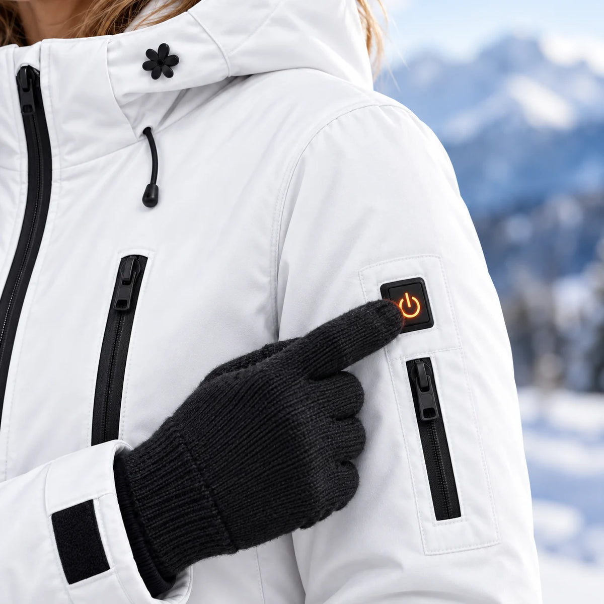 Parka riscaldato da donna PyreFit Glacio, dettaglio del pulsante di comando