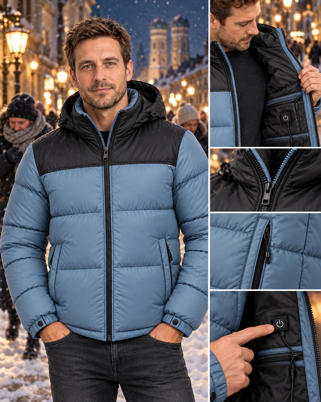 Piumino trapuntato riscaldato unisex PyreFit Gletor in inverno: la sera all’aperto