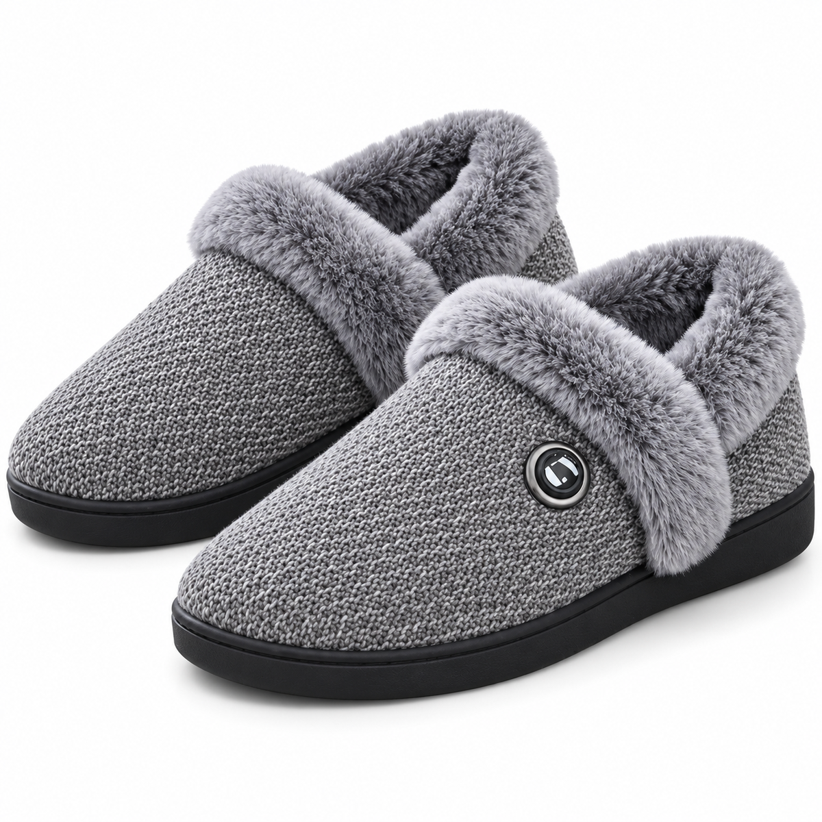 Pantofole riscaldate PyreFit con batteria grigie, paio con bordo in peluche e pulsante del calore