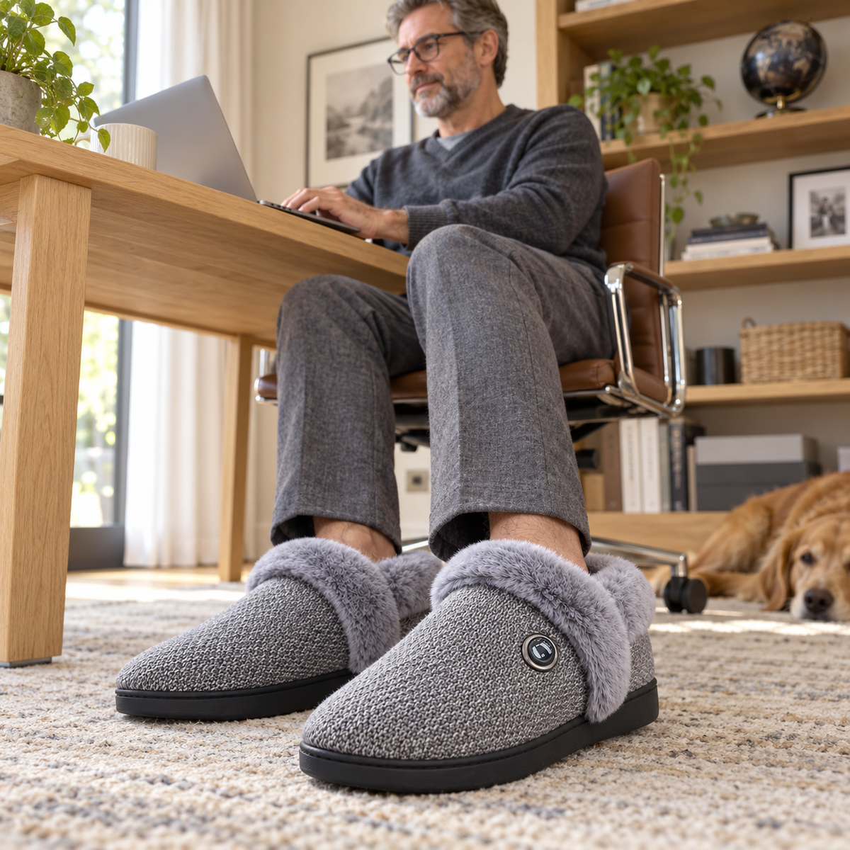 Uomo alla scrivania in home office con pantofole riscaldate PyreFit