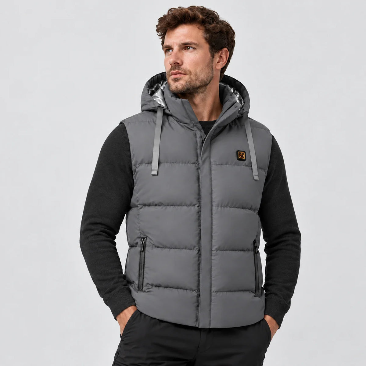 Gilet riscaldato unisex con cappuccio PyreFit Horizonor in grigio, vista frontale