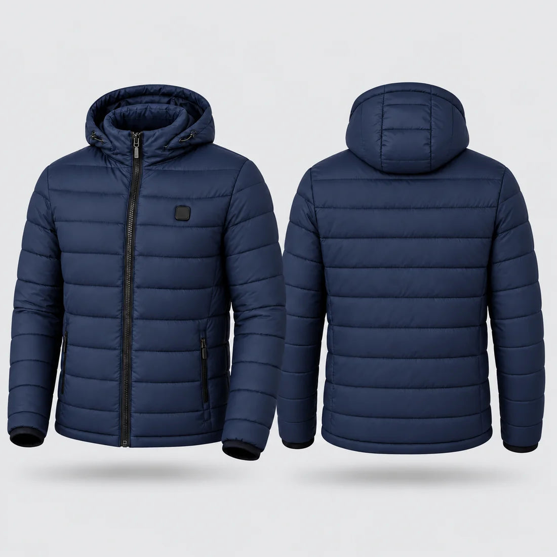 PyreFit Heizjacke – Blau, Vorder- und Rückseite, grauer Hintergrund