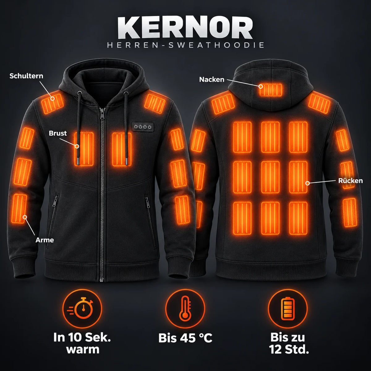 Felpa riscaldata con cappuccio da uomo PyreFit Kernor: 23 zone riscaldanti su braccia, spalle, nuca, petto e schiena
