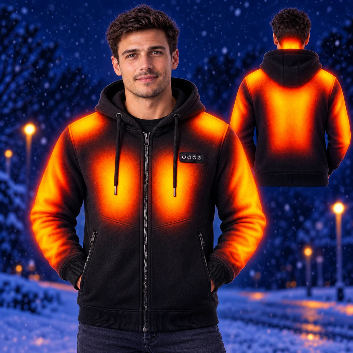 Felpa riscaldata con cappuccio da uomo PyreFit Kernor – calore su braccia, spalle, nuca, petto e schiena