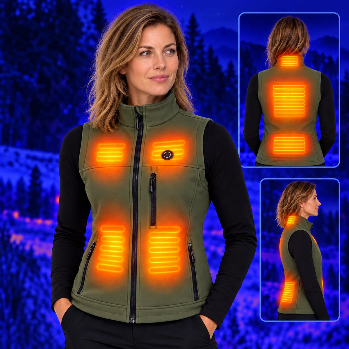 Gilet riscaldato da donna PyreFit Mellora – calore su nuca, petto, addome, schiena e zona lombare