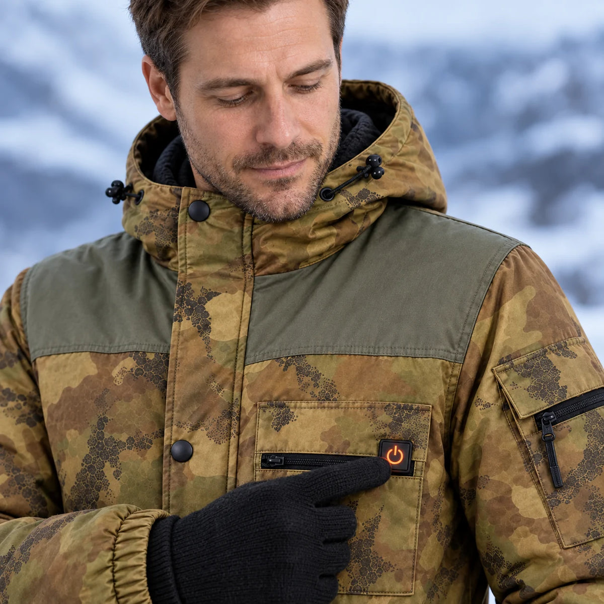 Cappotto riscaldato mimetico da uomo PyreFit Mistro, dettaglio del pulsante di comando