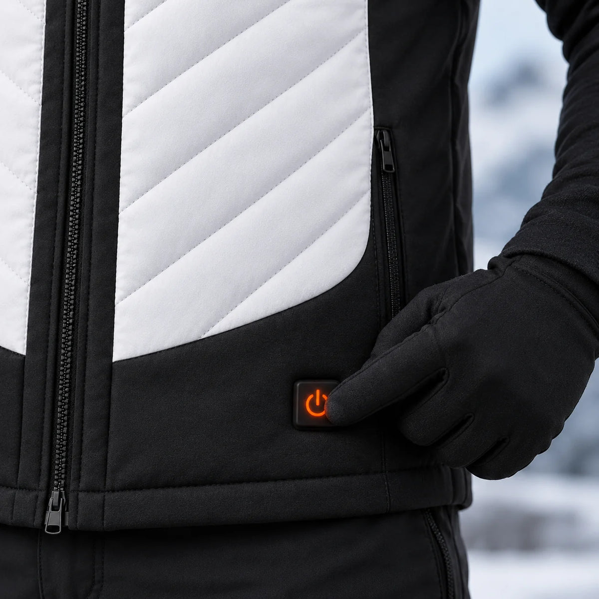 Gilet riscaldato sportivo da uomo PyreFit Novaro, dettaglio del pulsante di comando