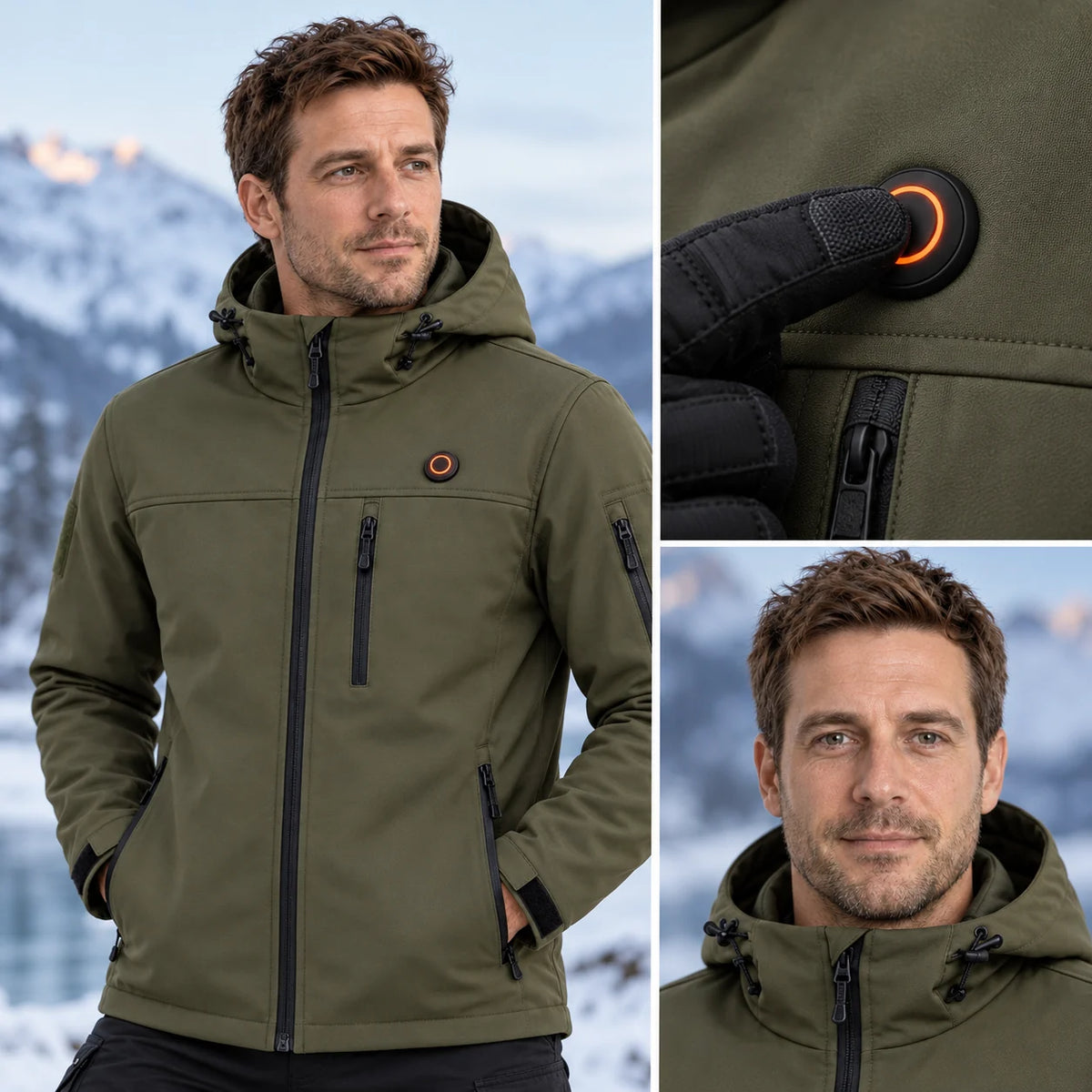 Giacca riscaldata softshell PyreFit Novera, dettaglio del pulsante di comando