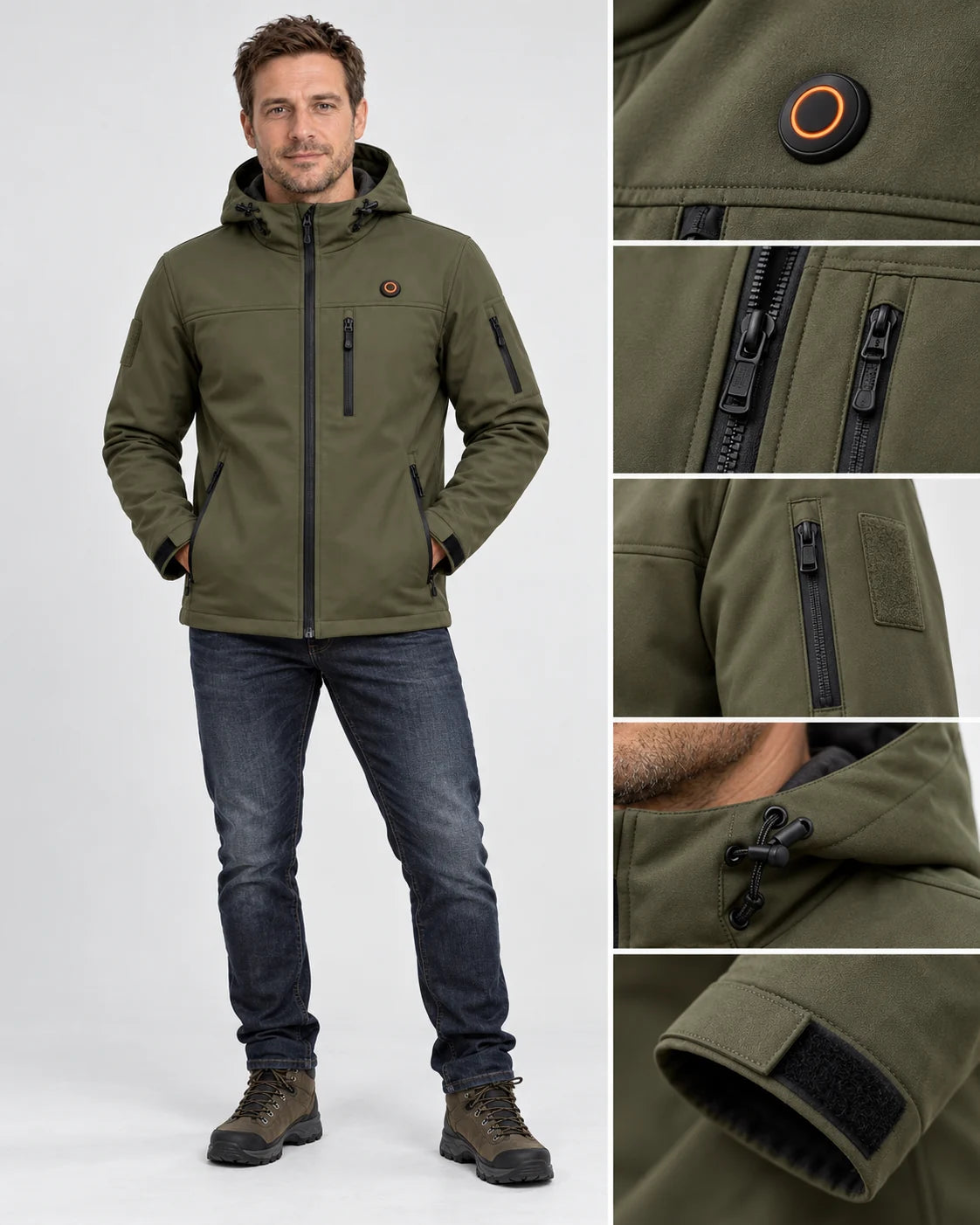 Giacca riscaldata softshell PyreFit Novera, vista a figura intera