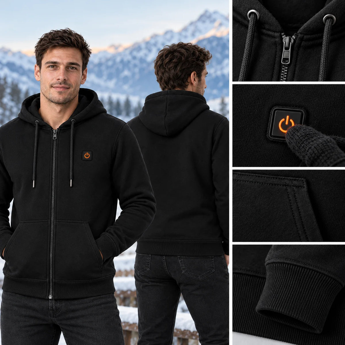 Felpa riscaldata unisex con zip e cappuccio PyreFit Olivora, dettaglio del pulsante di controllo