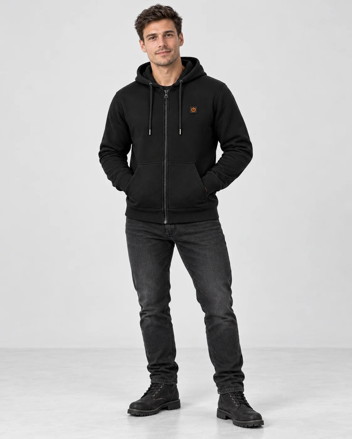 Felpa riscaldata unisex con zip e cappuccio PyreFit Olivora, vista a figura intera