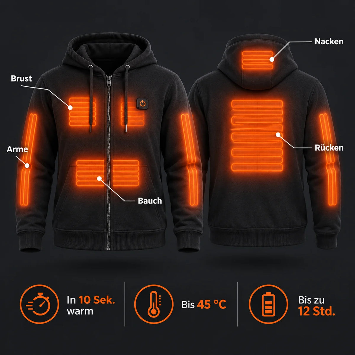 Felpa riscaldata unisex con zip e cappuccio PyreFit Olivora: zone riscaldanti su nuca, petto, addome, braccia e schiena