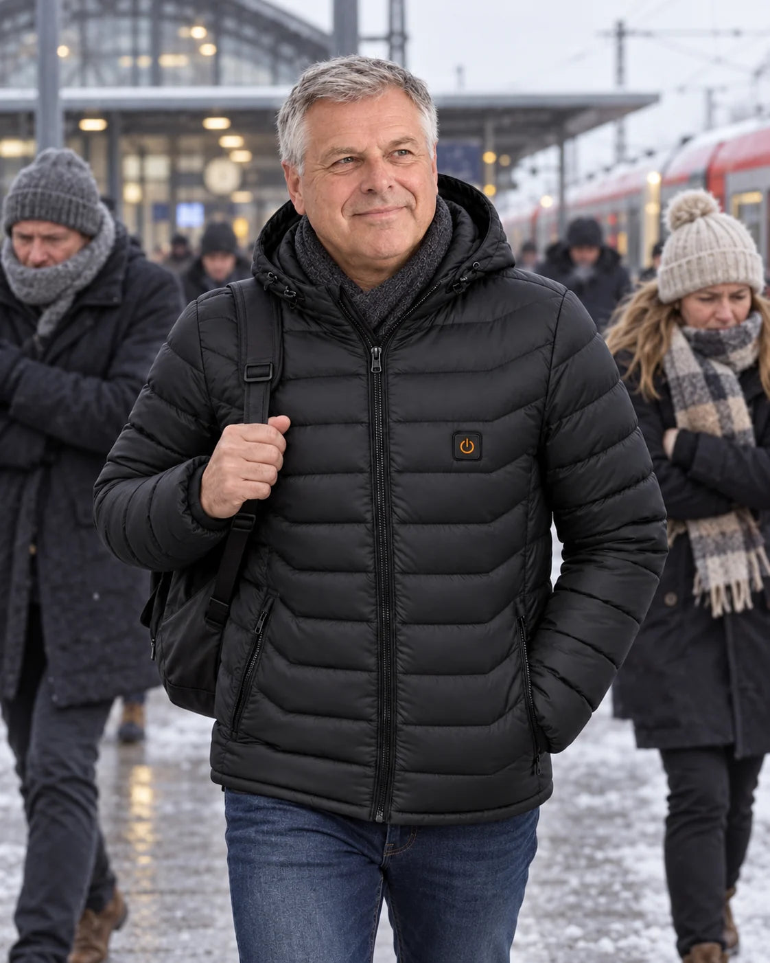 Piumino trapuntato riscaldato da uomo PyreFit Rangor in inverno: sul tragitto per il lavoro