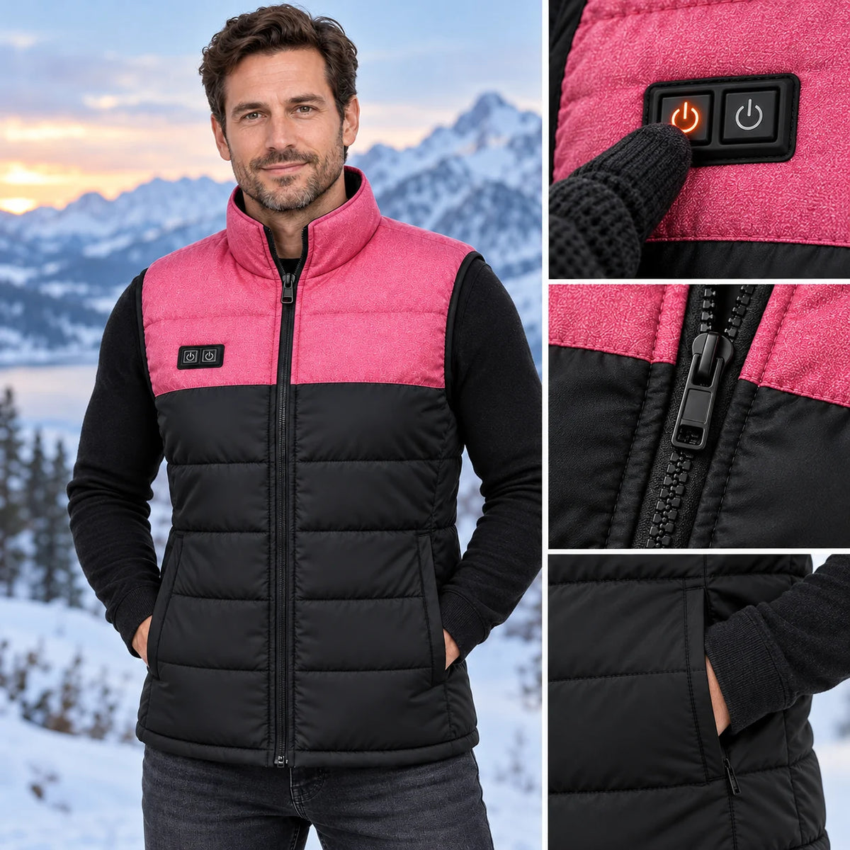 Gilet trapuntato riscaldato unisex PyreFit Rundor, dettaglio del pulsante di comando