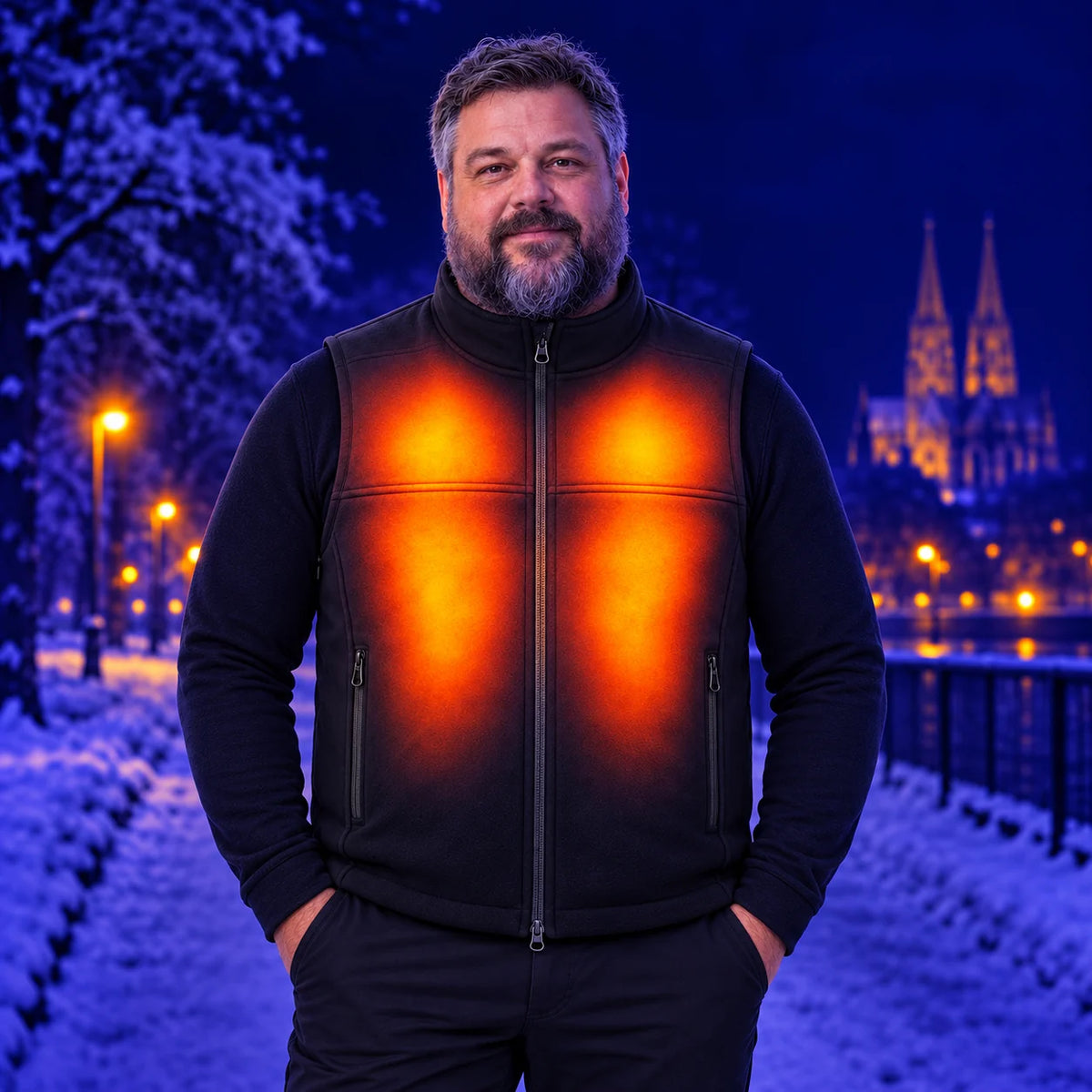Gilet riscaldato unisex con vestibilità regolabile PyreFit Tarnor – calore su petto (4 zone) e schiena (9 zone)
