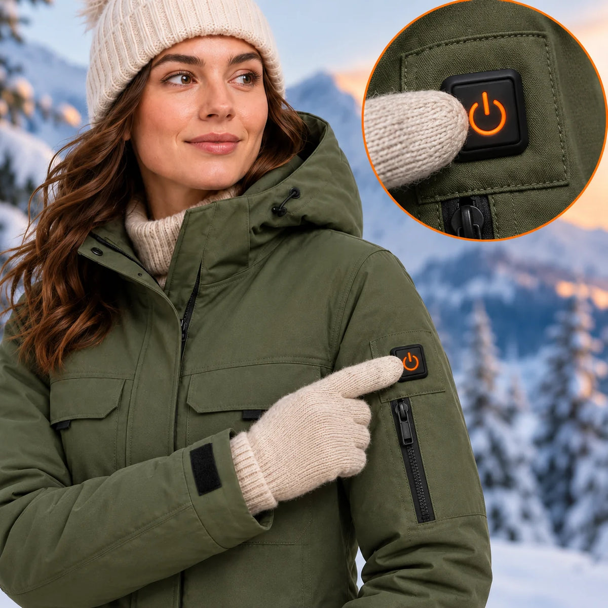 Parka riscaldato da donna PyreFit Terrano, dettaglio del pulsante di comando