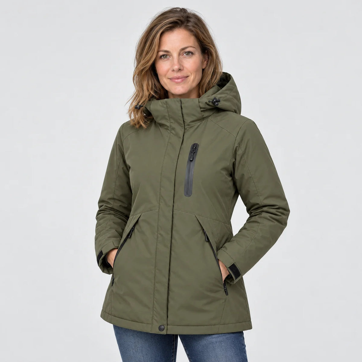 Parka riscaldato da donna PyreFit Traverso in kaki, vista frontale