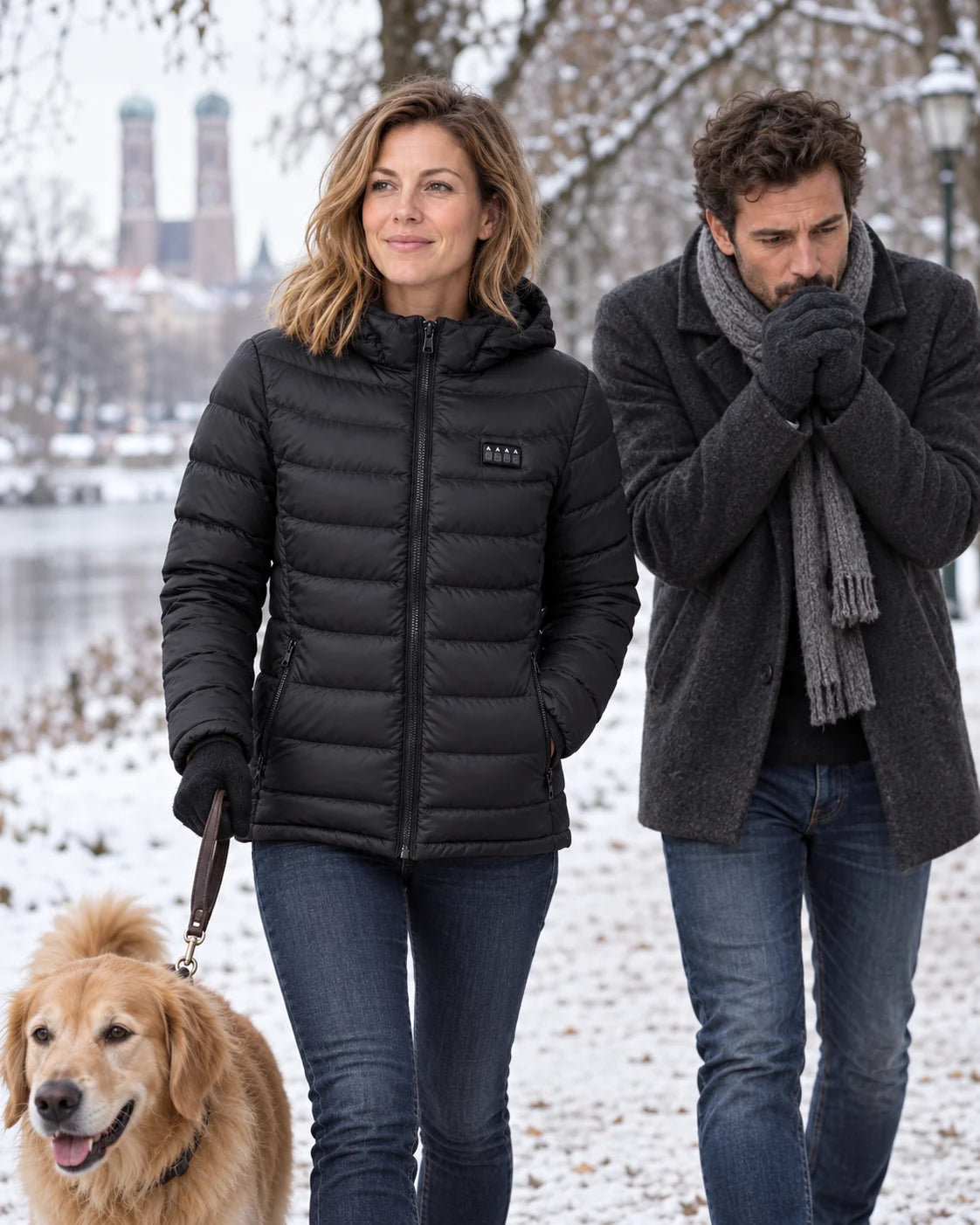 Piumino trapuntato riscaldato PyreFit in nero nella vita quotidiana d'inverno