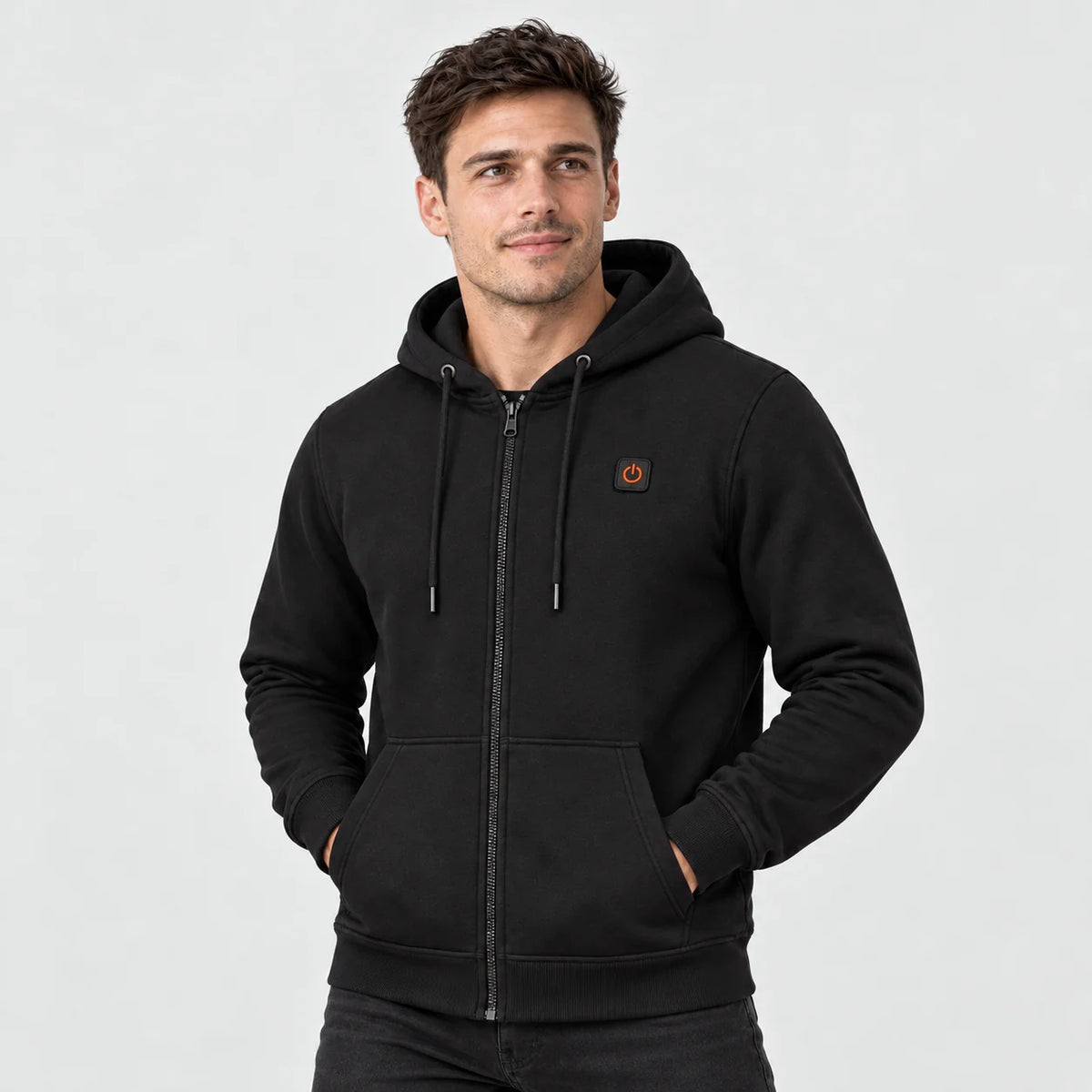 Felpa riscaldata da uomo con zip e cappuccio PyreFit Voltor, vista frontale sul modello