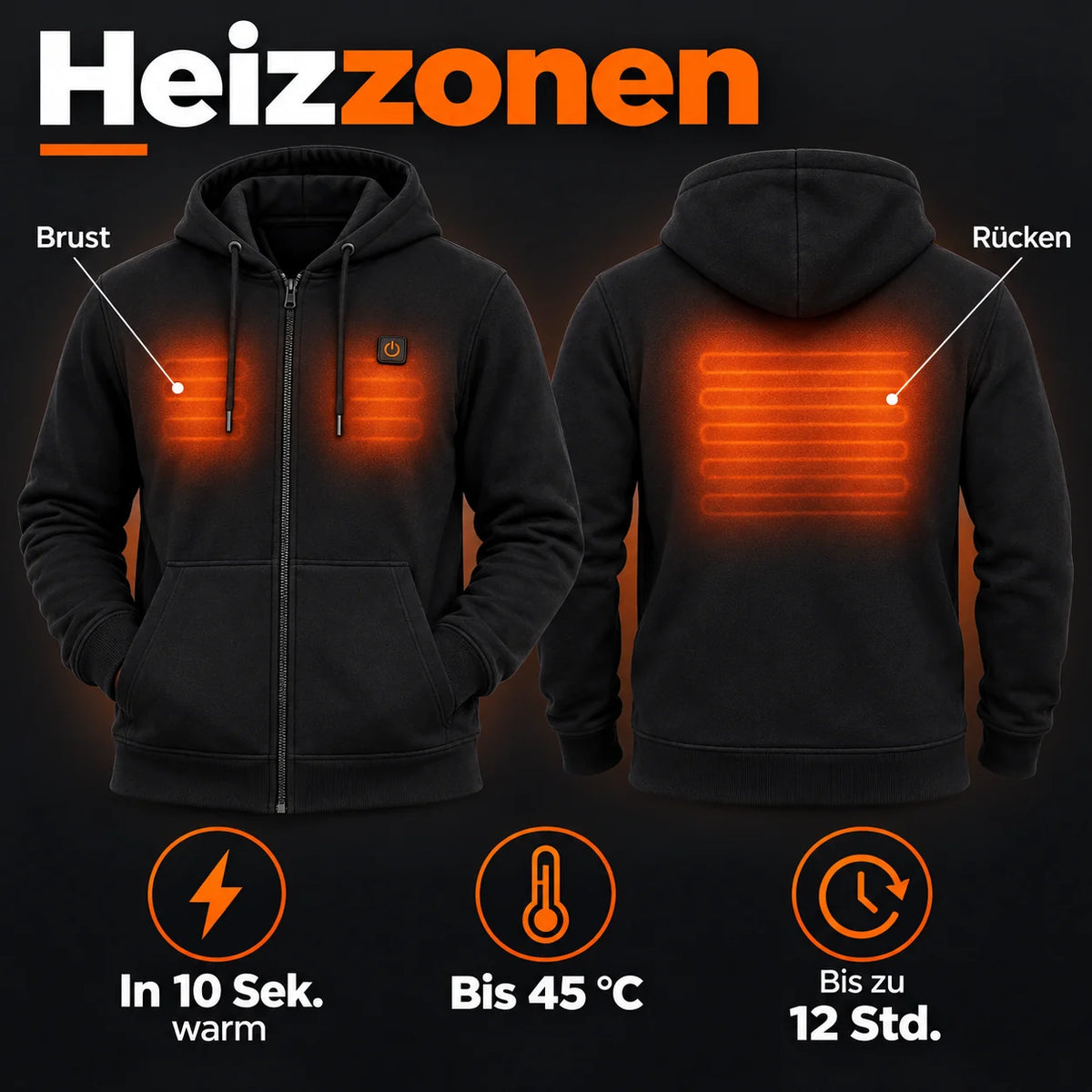 Felpa riscaldata da uomo con zip e cappuccio PyreFit Voltor: zone riscaldanti su petto e schiena