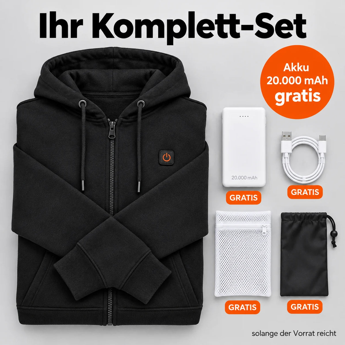Set completo: Voltor, power bank da 20.000 mAh, cavo di ricarica, sacchetto per il bucato e borsa