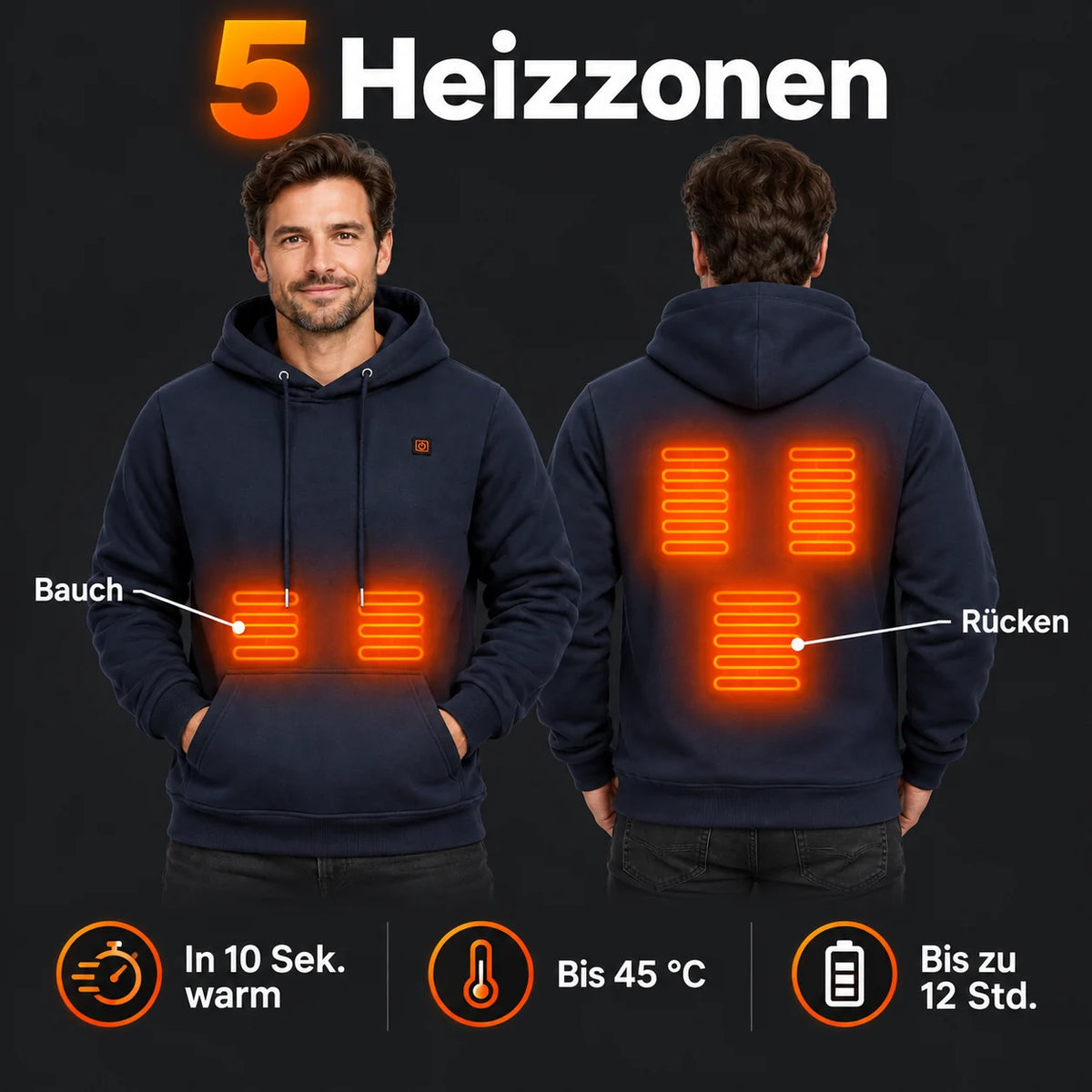 Felpa riscaldata da uomo con cappuccio PyreFit Zippa: 5 zone riscaldanti su addome e schiena