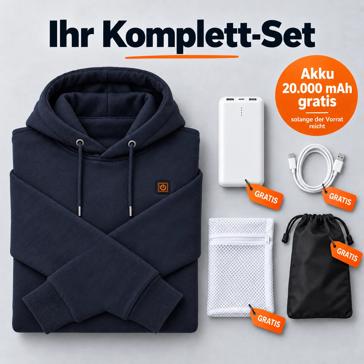 Set completo: Zippa, power bank da 20.000 mAh, cavo di ricarica, sacchetto per il bucato e borsa