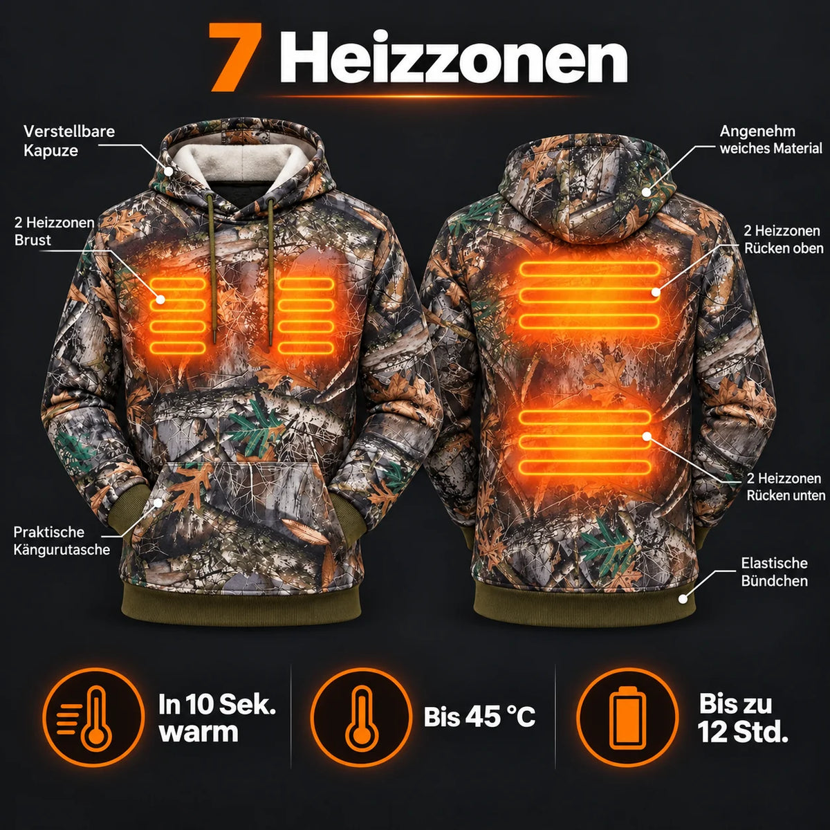 Felpa riscaldata con cappuccio fantasia bosco PyreFit Zippo: 7 zone riscaldanti su petto e schiena