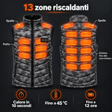 Gilet riscaldato mimetico PyreFit Piloto: 13 zone riscaldanti su spalle, petto, schiena e zona lombare
