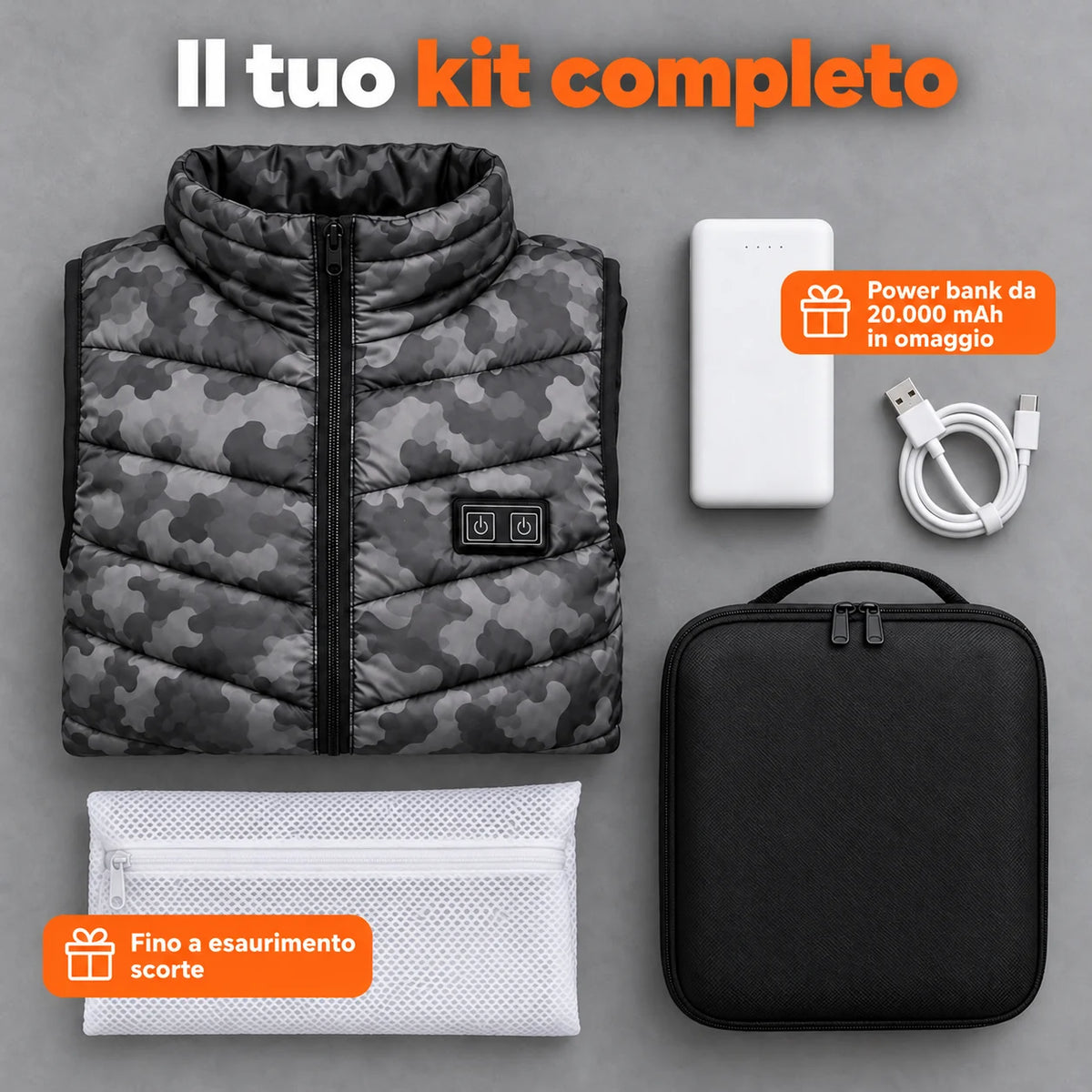 Set completo: Piloto, power bank da 20.000 mAh, cavo di ricarica, sacchetto per il bucato e borsa