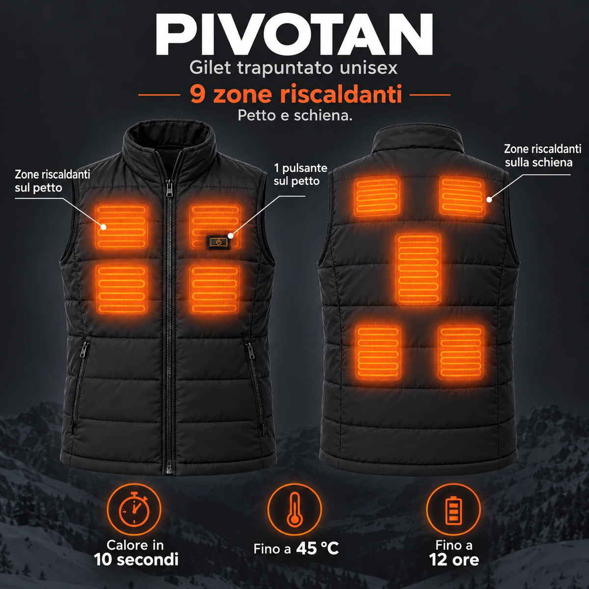 Gilet trapuntato riscaldato unisex PyreFit Pivotan: 9 zone riscaldanti su petto e schiena