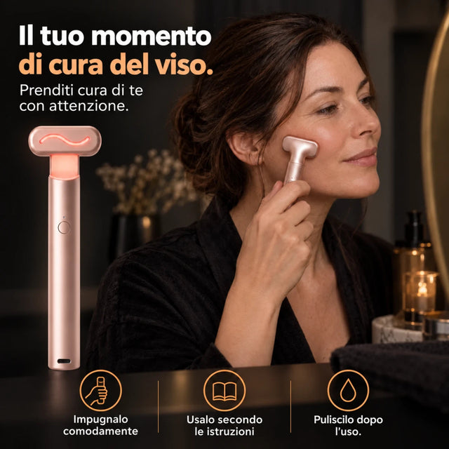 Dispositivo a luce rossa per il viso con impugnatura — utilizzo sulla guancia
