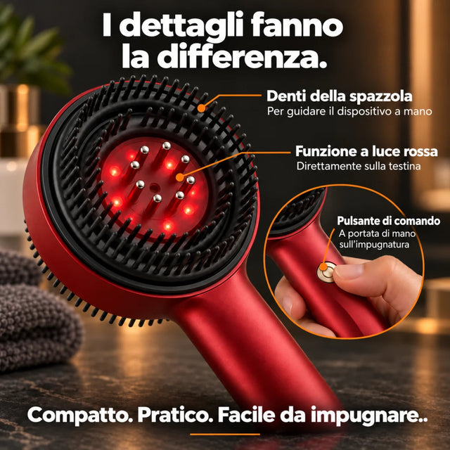 Spazzola massaggiante per il cuoio capelluto con luce rossa — dettagli del prodotto spiegati