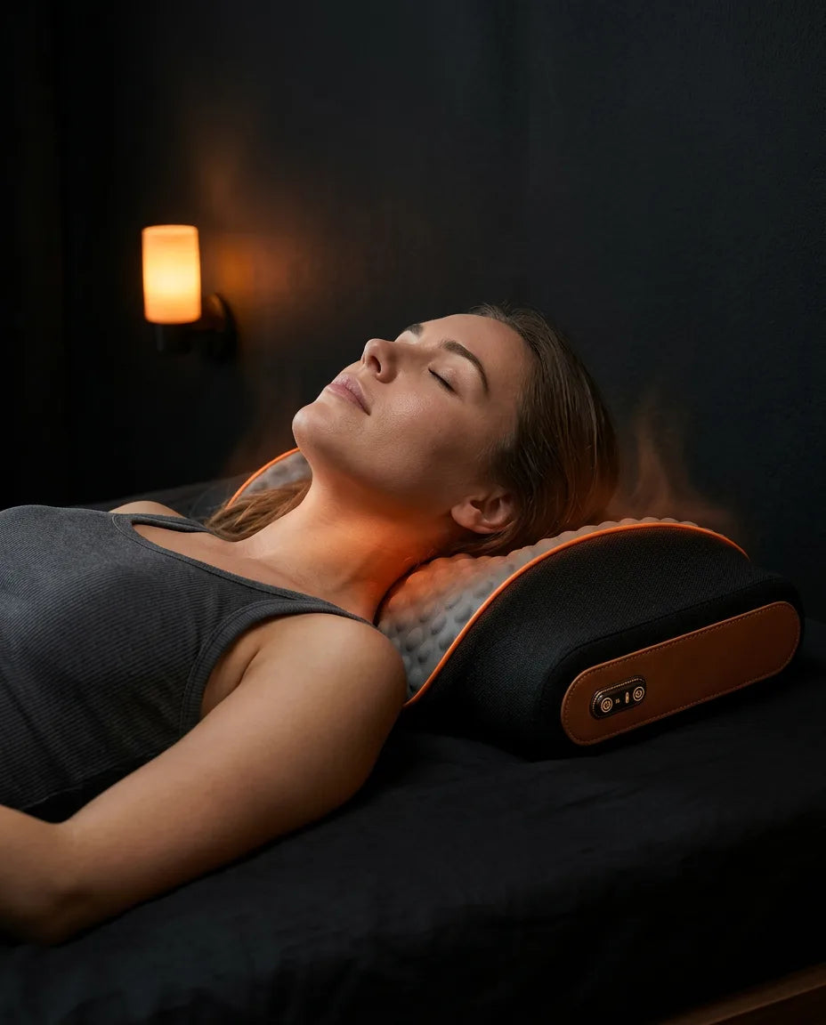 Memory-Foam-Nackenkissen mit Massage – Frau mit Kissen unter dem Nacken