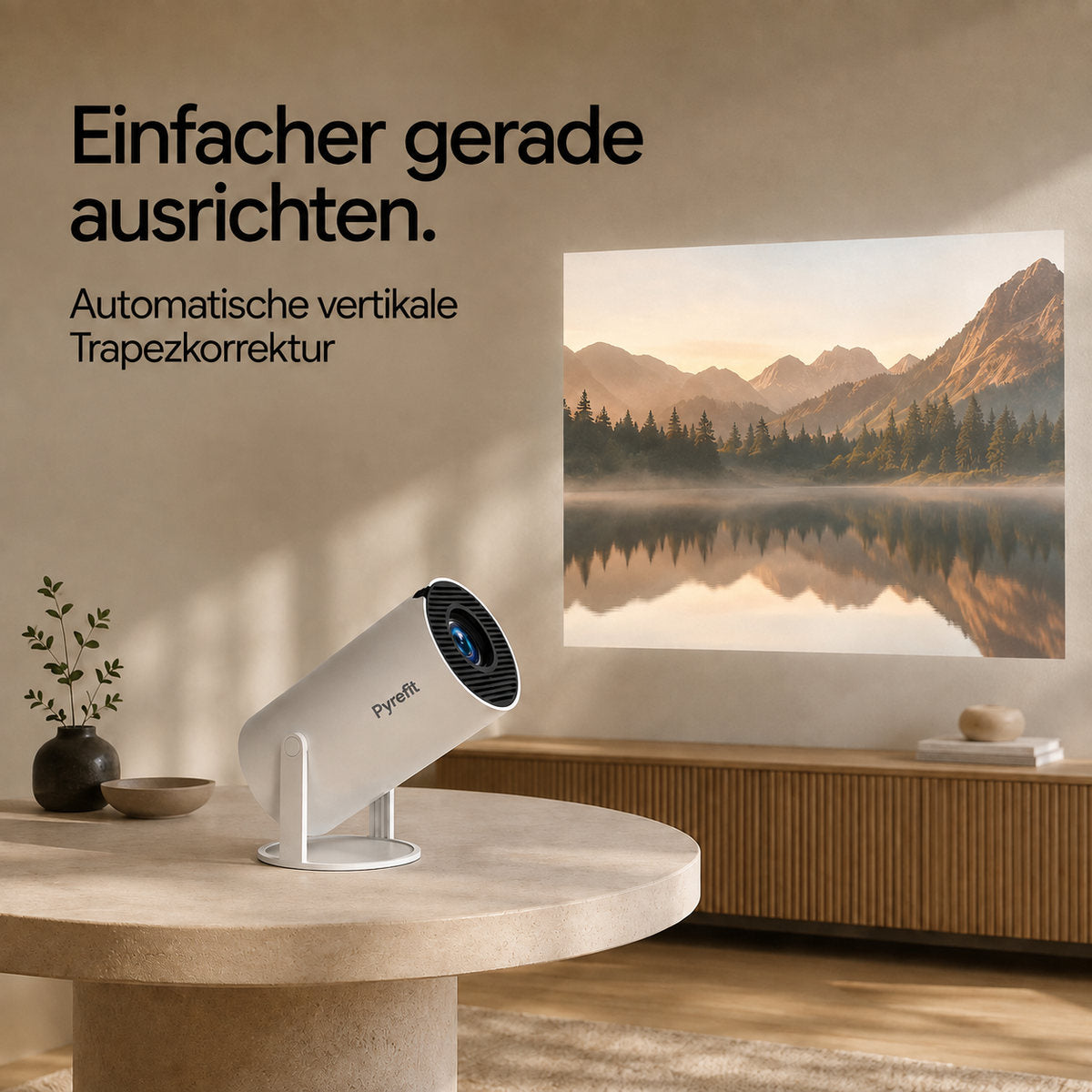 Pyrefit Mini-Beamer – Einfacher gerade ausrichten. Automatische vertikale Trapezkorrektur
